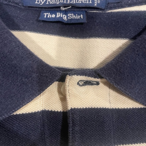 Polo Ralph Lauren Navy and Cream Striped The Big Shirt Polo Size XL With Crest - Picture 2 of 9